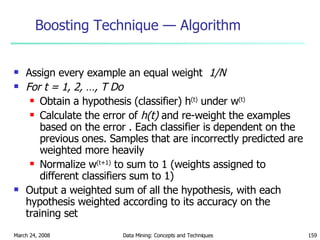 Boosting Technique — Algorithm Assign every example an equal weight  1/N For t = 1, 2, …, T Do  Obtain a hypothesis (classifier) h (t)  under w (t) Calculate the error of  h(t)  and re-weight the examples based on the error . Each classifier is dependent on the previous ones. Samples that are incorrectly predicted are weighted more heavily Normalize w (t+1)  to sum to 1 (weights assigned to different classifiers sum to 1) Output a weighted sum of all the hypothesis, with each hypothesis weighted according to its accuracy on the training set  