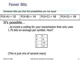 Fewer Bits Someone tells you that the probabilities are not equal It’s possible… … to invent a coding for your transmission that only uses 1.75 bits on average per symbol. How? (This is just one of several ways) P(X=C) = 1/8 P(X=B) = 1/4 P(X=D) = 1/8 P(X=A) = 1/2 111 D 110 C 10 B 0 A 