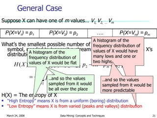 Suppose X can have one of  m  values…  V 1,  V 2,  …  V m What’s the smallest possible number of bits, on average, per symbol, needed to transmit a stream of symbols drawn from X’s distribution? It’s H(X) = The entropy of X “ High Entropy” means X is from a uniform (boring) distribution “ Low Entropy” means X is from varied (peaks and valleys) distribution General Case A histogram of the frequency distribution of values of X would be flat A histogram of the frequency distribution of values of X would have many lows and one or two highs ..and so the values sampled from it would be all over the place ..and so the values sampled from it would be more predictable … . P(X=V 2 ) = p 2 P(X=V 1 ) = p 1 P(X=V m ) = p m 