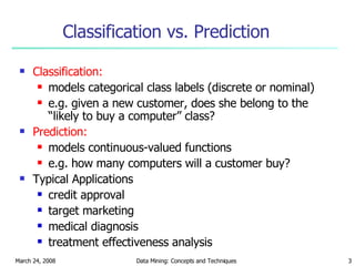 Classification:   models categorical class labels (discrete or nominal) e.g. given a new customer, does she belong to the “likely to buy a computer” class? Prediction:  models continuous-valued functions e.g. how many computers will a customer buy? Typical Applications credit approval target marketing medical diagnosis treatment effectiveness analysis Classification vs. Prediction 