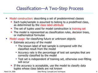 Classification—A Two-Step Process   Model construction : describing a set of predetermined classes Each tuple/sample is assumed to belong to a predefined class, as determined by the  class label attribute The set of tuples used for model construction is  training set The model is represented as classification rules, decision trees, or mathematical formulae Model usage : for classifying future or unknown objects Estimate accuracy of the model The known label of test sample is compared with the classified result from the model Accuracy rate is the percentage of test set samples that are correctly classified by the model Test set is independent of training set, otherwise over-fitting will occur If the accuracy is acceptable, use the model to classify data tuples whose class labels are not known 