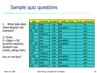 Sample quiz questions What data does naïve Baysian net maintain? 2. Given  X =(age<=30, Income=medium, Student=yes Credit_rating=Fair) buy or not buy? 