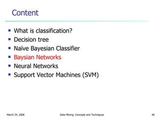 Content What is classification? Decision tree Naïve Bayesian Classifier Baysian Networks Neural Networks Support Vector Machines (SVM) 