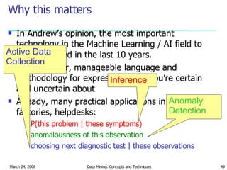 Why this matters In Andrew’s opinion, the most important technology in the Machine Learning / AI field to have emerged in the last 10 years. A clean, clear, manageable language and methodology for expressing what you’re certain and uncertain about Already, many practical applications in medicine, factories, helpdesks: P(this problem | these symptoms) anomalousness of this observation choosing next diagnostic test | these observations Anomaly Detection Inference Active Data Collection 