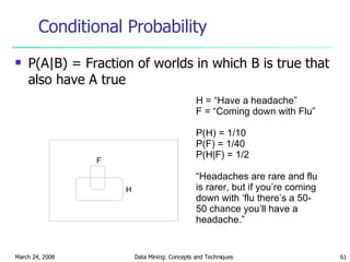 Conditional Probability P(A|B) = Fraction of worlds in which B is true that also have A true F H H = “Have a headache” F = “Coming down with Flu” P(H) = 1/10 P(F) = 1/40 P(H|F) = 1/2 “ Headaches are rare and flu is rarer, but if you’re coming down with ‘flu there’s a 50-50 chance you’ll have a headache.” 