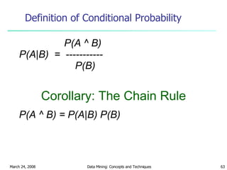 Definition of Conditional Probability P(A ^ B)  P(A|B)  =  ----------- P(B)  Corollary: The Chain Rule P(A ^ B) = P(A|B) P(B)  