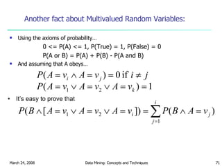 Another fact about Multivalued Random Variables: Using the axioms of probability… 0 <= P(A) <= 1, P(True) = 1, P(False) = 0 P(A or B) = P(A) + P(B) - P(A and B) And assuming that A obeys… It’s easy to prove that 