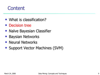Content What is classification? Decision tree Naïve Bayesian Classifier Baysian Networks Neural Networks Support Vector Machines (SVM) 