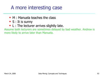 A more interesting case M : Manuela teaches the class S : It is sunny L : The lecturer arrives slightly late. Assume both lecturers are sometimes delayed by bad weather. Andrew is more likely to arrive later than Manuela. 