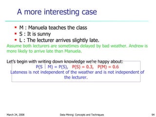 A more interesting case M : Manuela teaches the class S : It is sunny L : The lecturer arrives slightly late. Assume both lecturers are sometimes delayed by bad weather. Andrew is more likely to arrive late than Manuela. Let’s begin with writing down knowledge we’re happy about: P(S    M) = P(S),  P(S) = 0.3,  P(M) = 0.6 Lateness is not independent of the weather and is not independent of the lecturer.  