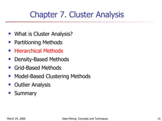 Chapter 7.  Cluster Analysis What is Cluster Analysis? Partitioning Methods Hierarchical Methods Density-Based Methods Grid-Based Methods Model-Based Clustering Methods Outlier Analysis Summary  
