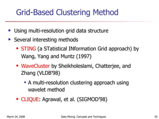 Grid-Based Clustering Method  Using multi-resolution grid data structure Several interesting methods STING  (a STatistical INformation Grid approach) by Wang, Yang and Muntz (1997) WaveCluster  by Sheikholeslami, Chatterjee, and Zhang (VLDB’98) A multi-resolution clustering approach using wavelet method CLIQUE : Agrawal, et al. (SIGMOD’98) 
