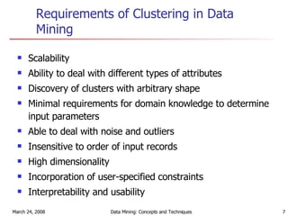 Requirements of Clustering in Data Mining  Scalability Ability to deal with different types of attributes Discovery of clusters with arbitrary shape Minimal requirements for domain knowledge to determine input parameters Able to deal with noise and outliers Insensitive to order of input records High dimensionality Incorporation of user-specified constraints Interpretability and usability 
