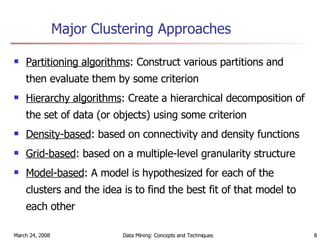 Major Clustering Approaches Partitioning algorithms : Construct various partitions and then evaluate them by some criterion Hierarchy algorithms : Create a hierarchical decomposition of the set of data (or objects) using some criterion Density-based : based on connectivity and density functions Grid-based : based on a multiple-level granularity structure Model-based : A model is hypothesized for each of the clusters and the idea is to find the best fit of that model to each other 