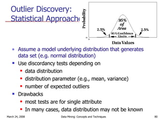 Outlier Discovery: Statistical Approaches Assume a model underlying distribution that generates data set (e.g. normal distribution)  Use discordancy tests depending on  data distribution distribution parameter (e.g., mean, variance) number of expected outliers Drawbacks most tests are for single attribute In many cases, data distribution may not be known 