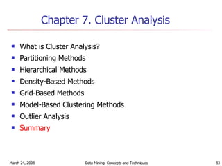 Chapter 7.  Cluster Analysis What is Cluster Analysis? Partitioning Methods Hierarchical Methods Density-Based Methods Grid-Based Methods Model-Based Clustering Methods Outlier Analysis Summary  