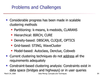 Problems and Challenges Considerable progress has been made in scalable clustering methods Partitioning: k-means, k-medoids, CLARANS Hierarchical: BIRCH, CURE Density-based: DBSCAN, CLIQUE, OPTICS Grid-based: STING, WaveCluster Model-based: Autoclass, Denclue, Cobweb Current clustering techniques do not  address  all the requirements adequately Constraint-based clustering analysis: Constraints exist in data space (bridges and highways) or in user queries 