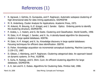 References (1) R. Agrawal, J. Gehrke, D. Gunopulos, and P. Raghavan. Automatic subspace clustering of high dimensional data for data mining applications. SIGMOD'98 M. R. Anderberg. Cluster Analysis for Applications. Academic Press, 1973. M. Ankerst, M. Breunig, H.-P. Kriegel, and J. Sander.  Optics:  Ordering points to identify the clustering structure, SIGMOD’99. P. Arabie, L. J. Hubert, and G. De Soete. Clustering and Classification. World Scietific, 1996 M. Ester, H.-P. Kriegel, J. Sander, and X. Xu. A density-based algorithm for discovering clusters in large spatial databases. KDD'96. M. Ester, H.-P. Kriegel, and X. Xu. Knowledge discovery in large spatial databases: Focusing techniques for efficient class identification. SSD'95. D. Fisher. Knowledge acquisition via incremental conceptual clustering. Machine Learning, 2:139-172, 1987. D. Gibson, J. Kleinberg, and P. Raghavan. Clustering categorical data: An approach based on dynamic systems. In Proc. VLDB’98. S. Guha, R. Rastogi, and K. Shim. Cure: An efficient clustering algorithm for large databases. SIGMOD'98. A. K. Jain and R. C. Dubes. Algorithms for Clustering Data. Printice Hall, 1988. 