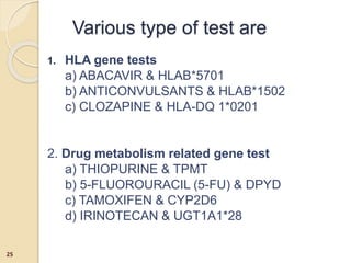 1. HLA gene tests
a) ABACAVIR & HLAB*5701
b) ANTICONVULSANTS & HLAB*1502
c) CLOZAPINE & HLA-DQ 1*0201
2. Drug metabolism related gene test
a) THIOPURINE & TPMT
b) 5-FLUOROURACIL (5-FU) & DPYD
c) TAMOXIFEN & CYP2D6
d) IRINOTECAN & UGT1A1*28
Various type of test are
25
 
