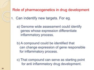 Role of pharmacogenetics in drug development
1. Can indentify new targets. For eg.
a) Genome wide assessment could identify
genes whose expression differentiate
inflammatory process.
b) A compound could be identified that
can change expression of gene responsible
for inflammatory process.
c) That compound can serve as starting point
for anti inflammatory drug development.
30
 