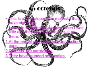 O: octopus   This Is a cephalopod sea mollusks that have eight legs. I used to watched the wiggles when I was little and they had a purple  octopus  on there. 1.At the end of each leg there are suction cups. 2.Octopus’ are carnivores. 3.They have rounded soft bodies. 