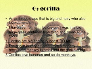 G: gorilla An anthropoid ape that is big and hairy who also love bananas. I have seen a  gorilla  before but it was in a big huge glass container type thing and it was at the zoo. 1.Gorillas are big and hairy beast. TO ME! 2.The gorilla is very different from a monkey because a monkey is small and the gorilla is big. 3.Gorillas love bananas and so do monkeys. 