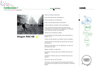 CURIEUX(SE) ?                                                   histoire                                  HOME
CURIOSITÉ=IDÉES=PROJET=DATE=MY ACTION !




                                            À bas la charogne stalinienne

                                            À bas les groupuscules récupérateurs

                                            À bas la société de consommation.

                                            À bas la société spectaculaire-marchande.

                                            À bas le réalisme socialiste. Vive le surréalisme.

                                            À bas l’objectivité parlementaire des groupuscules.
                                            L’intelligence est du côté de la bourgeoisie. La créativité
                                            est du côté des masses. Ne votez plus.

                                            Abolition de la société des classes.

                                            L’aboutissement de toute pensée, c’est le pavé dans ta
                            slogan Mai 68   gueule, C.R.S.

                                            L’action ne doit pas être une réaction mais une création

                                            L’action permet de surmonter les divisions et de trouver
                                            des solutions.

                                            L’âge d’or était l’âge où l’or ne régnait pas. Le veau d’or
                                            est toujours de boue.

                                            Agissez, sabotez, ne votez pas !

                                            L’agresseur n’est pas celui qui se révolte mais celui qui
                                            affirme

                                            L’agresseur n’est pas celui qui se révolte mais celui qui
                                            réprime

                                            Aimez-vous les uns sur les autres

                                            «Amnistie : acte par lequel les souverains pardonnent le
                                            plus souvent les injustices qu’ils ont commises.» (Ambrose
                                            Bierce)
 