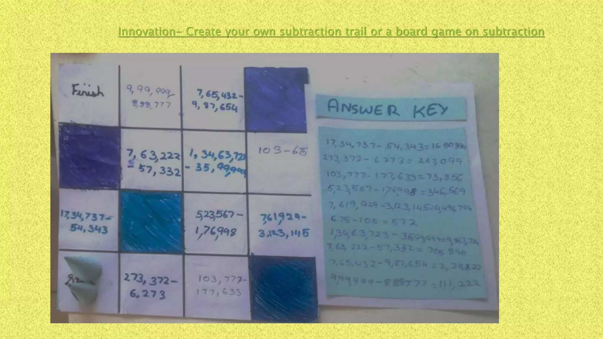Innovation- Create your own subtraction trail or a board game on subtraction
 