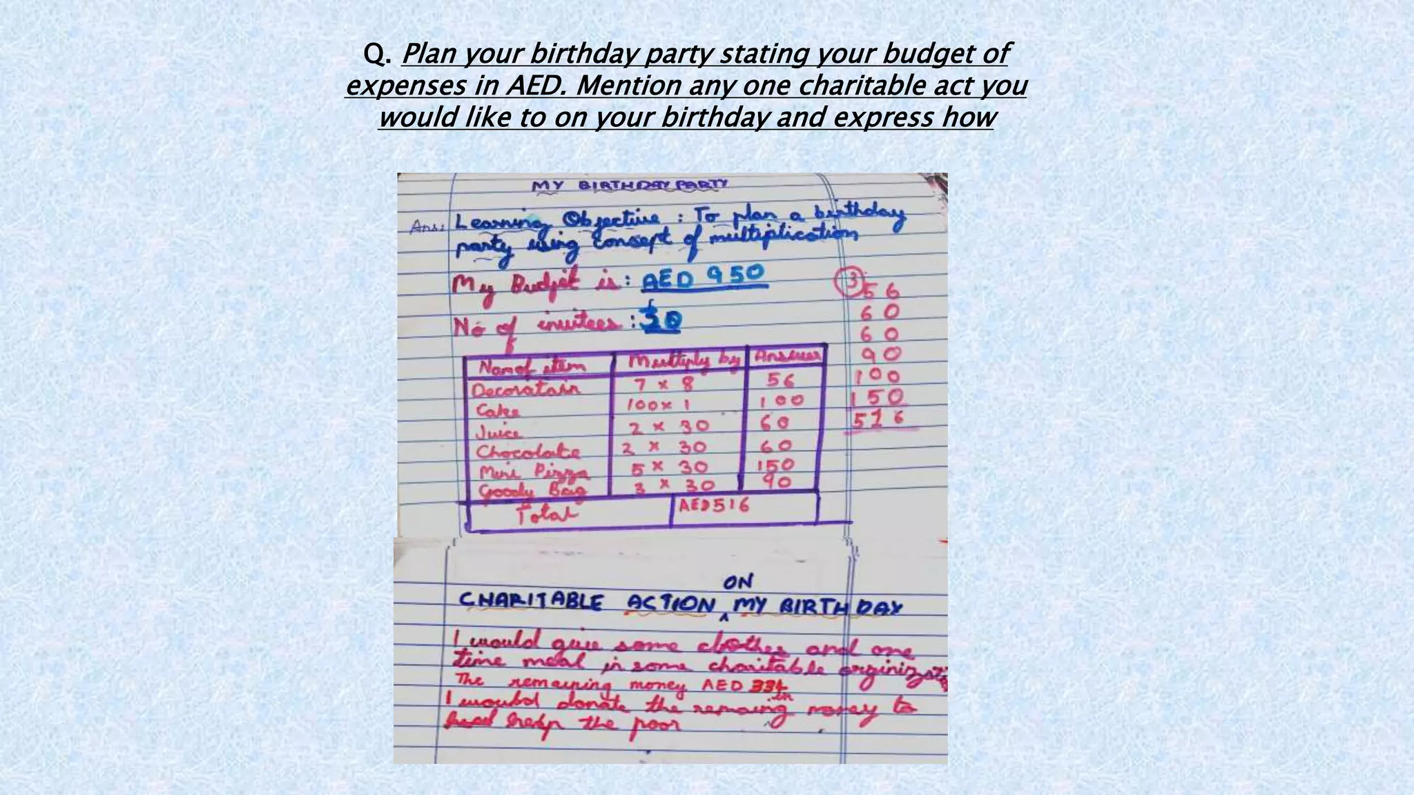 Q. Plan your birthday party stating your budget of
expenses in AED. Mention any one charitable act you
would like to on your birthday and express how
 