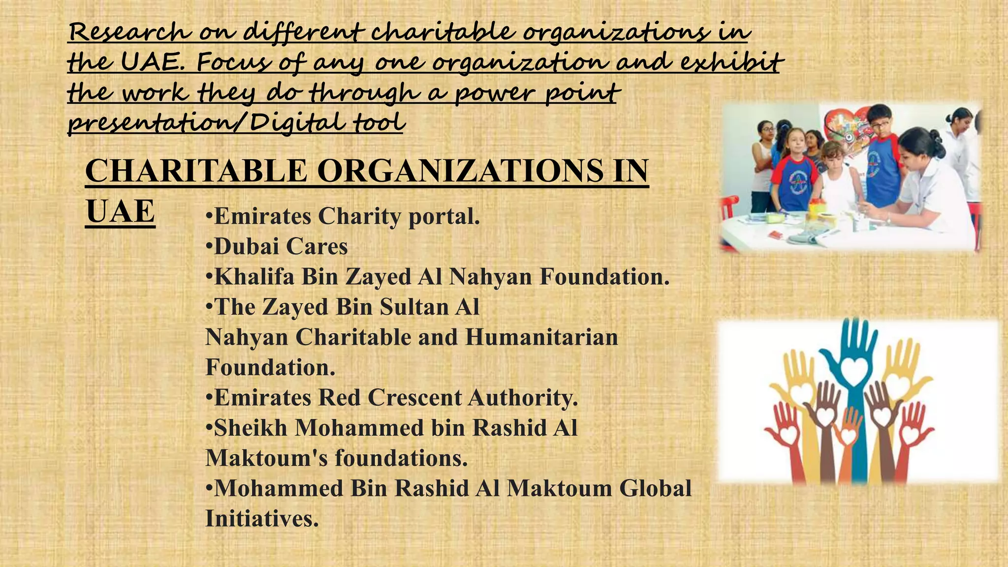 CHARITABLE ORGANIZATIONS IN
UAE •Emirates Charity portal.
•Dubai Cares
•Khalifa Bin Zayed Al Nahyan Foundation.
•The Zayed Bin Sultan Al
Nahyan Charitable and Humanitarian
Foundation.
•Emirates Red Crescent Authority.
•Sheikh Mohammed bin Rashid Al
Maktoum's foundations.
•Mohammed Bin Rashid Al Maktoum Global
Initiatives.
Research on different charitable organizations in
the UAE. Focus of any one organization and exhibit
the work they do through a power point
presentation/Digital tool
 