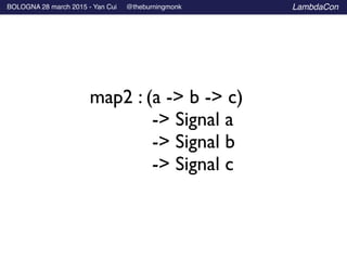 BOLOGNA 28 march 2015 - Yan Cui @theburningmonk LambdaCon
map2 : (a -> b -> c) 	

	

 	

 	

 	

 -> Signal a 	

	

 	

 	...