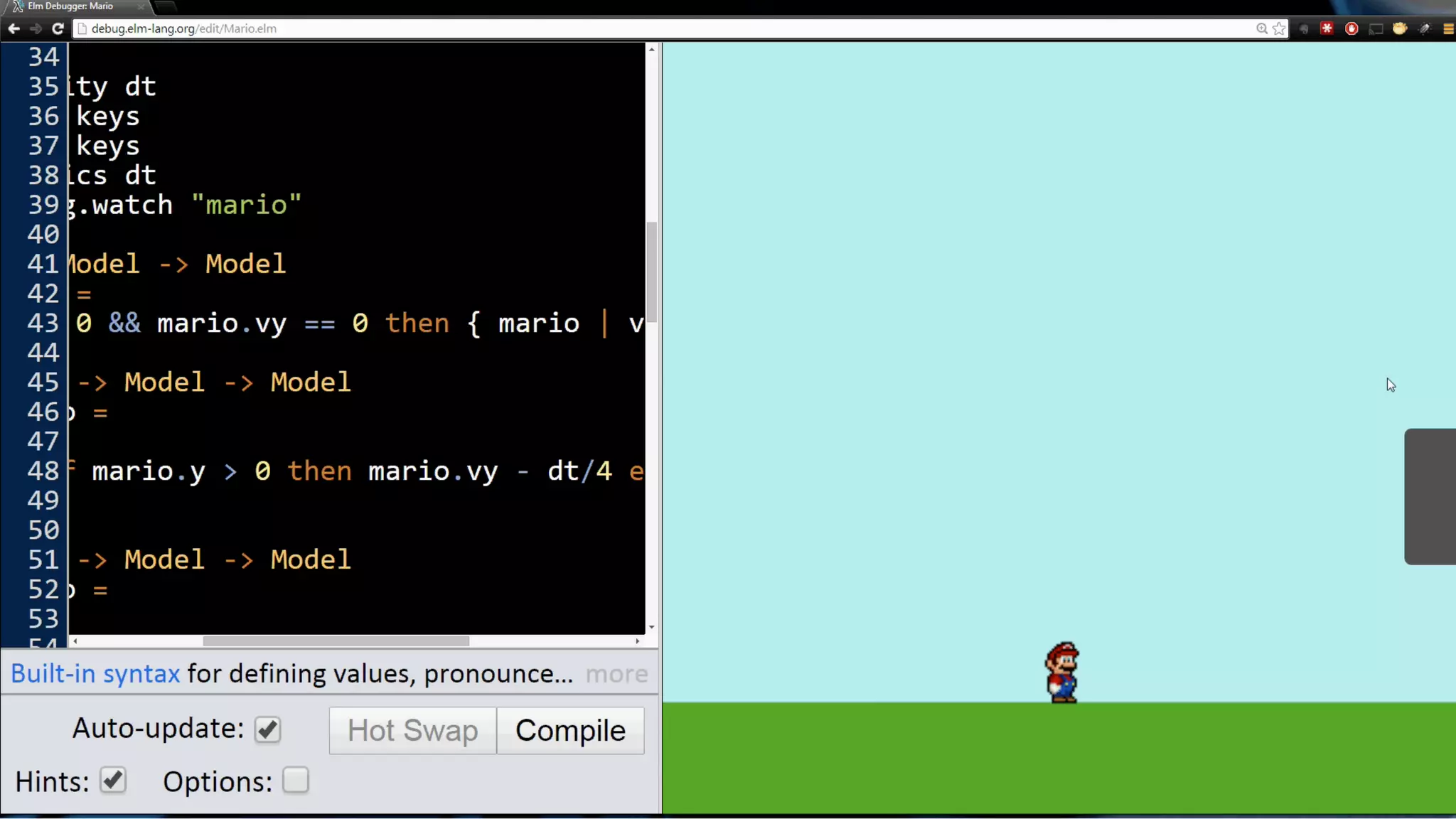 calcAngle start end =	

	

 let	

distH	

 = end.x - start.x	

	

	

 distV 	

= end.y - start.y	

	

 in atan2 distV distH
 