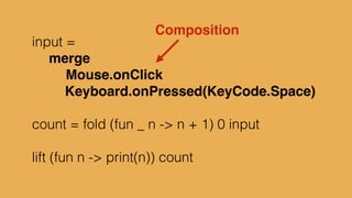 type alias Platform = {x:Int, y:Int}!
defaultPlatform = {x=5, y=0}!
!
delta = Time.fps 20!
input = Signal.sampleOn delta Keyboard.arrows!
!
cap x = max 5 <| min x 395!
!
p1 : Signal Platform!
p1 = foldp ({x, y} s -> {s | y <- cap <| s.y + 5*y}) !
! defaultPlatform!
! input
 