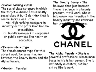The Beauty Bunny - She
Social ranking class:                  believes that just because
The social class category in which      there is science in a beauty
the target audience lies is mostly      product, it will work. She is
social class A but I do think that is   into every new invention in the
can be social class B too.              beauty industry and reserves
    •A: High ranking managers in        her greatest enthusiasm.
 industry or the profession like law
             or medicine.
 •B: Middle managers in companies
   or public services like health or
              education.

Female stereotype:
The female stereo type for this
advert would be something in-    The Alpha Female – She is a
between the Beauty Bunny and the powerful professional whose main
Alpha Female.                    focus in life is her career. She is
                                 definitely in control, but her
Gender: Females                 entire life is work.
 