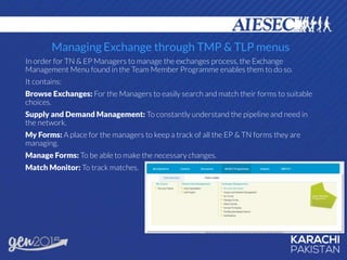 Managing Exchange through TMP & TLP menus
In order for TN & EP Managers to manage the exchanges process, the Exchange
Management Menu found in the Team Member Programme enables them to do so.
It contains:
Browse Exchanges: For the Managers to easily search and match their forms to suitable
choices.
Supply and Demand Management: To constantly understand the pipeline and need in
the network.
My Forms: A place for the managers to keep a track of all the EP & TN forms they are
managing.
Manage Forms: To be able to make the necessary changes.
Match Monitor: To track matches.
 