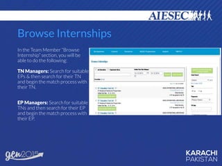 Browse Internships
In the Team Member “Browse
Internship” section, you will be
able to do the following:
TN Managers: Search for suitable
EPs & then search for their TN
and begin the match process with
their TN.
EP Managers: Search for suitable
TNs and then search for their EP
and begin the match process with
their EP.
 