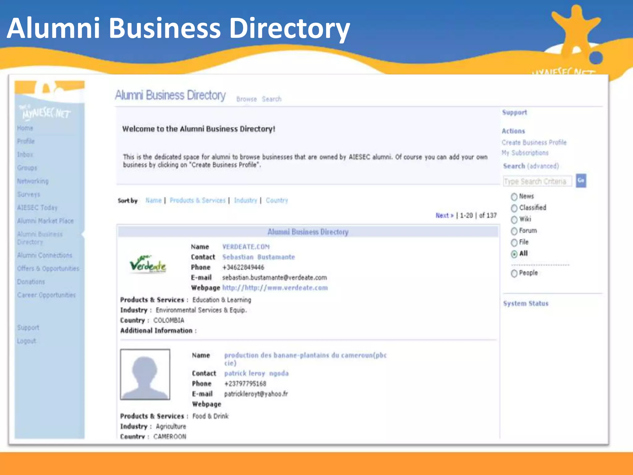  There are currently 137 entriesAlumni Business Directory