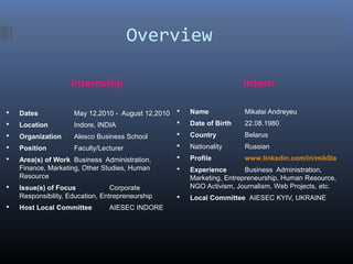 Overview
Internship Intern
 Dates May 12,2010 - August 12,2010
 Location Indore, INDIA
 Organization Alesco Business School
 Position Faculty/Lecturer
 Area(s) of Work Business Administration,
Finance, Marketing, Other Studies, Human
Resource
 Issue(s) of Focus Corporate
Responsibility, Education, Entrepreneurship
 Host Local Committee AIESEC INDORE
 Name Mikalai Andreyeu
 Date of Birth 22.08.1980
 Country Belarus
 Nationality Russian
 Profile www.linkedin.com/in/mik0la
 Experience Business Administration,
Marketing, Entrepreneurship, Human Resource,
NGO Activism, Journalism, Web Projects, etc.
 Local Committee AIESEC KYIV, UKRAINE
 