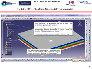 Mr. G. A. Wardle MSc. MSc C.Eng. MRAeS.
Fig 2(b):- CT1:- Plies from Zone Model Tree Maturation.
Using Sequence 1 as an example the way in which Catia
constructs composite parts is revealed.
In this case, Ply 1 is made from glass, has a zero – degree
orientation and is defined geometrically by Contour 7: which is a
derivative of the previously defined Contour 8
The subsequent Sequences shown are built in the same way.
The newly created Geometrical Set 2 holds the 8 curves
needed to build each ply in the sequences. They are
created automatically during the ply creation stage.
10
 