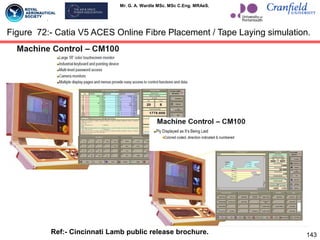 Mr. G. A. Wardle MSc. MSc C.Eng. MRAeS.
143
Ref:- Cincinnati Lamb public release brochure.
Figure 72:- Catia V5 ACES Online Fibre Placement / Tape Laying simulation.
 