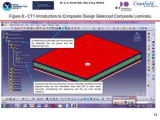 Mr. G. A. Wardle MSc. MSc C.Eng. MRAeS.
19
Figure 8:- CT1 Introduction to Composite Design Balanced Composite Laminate.
A balanced ply laminate can be produced
by selecting the ply group and the
balanced ply icon.
Subsequently the ply sequence can be manually reordered so that
adjacent plies are not orientated more than 60º to each other,
manually renumbering the sequence and the ply (use reorder
children).
 