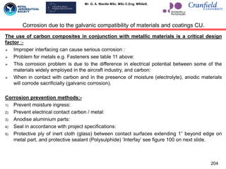 Mr. G. A. Wardle MSc. MSc C.Eng. MRAeS.
204
The use of carbon composites in conjunction with metallic materials is a critical design
factor :-
 Improper interfacing can cause serious corrosion :
 Problem for metals e.g. Fasteners see table 11 above:
 This corrosion problem is due to the difference in electrical potential between some of the
materials widely employed in the aircraft industry, and carbon:
 When in contact with carbon and in the presence of moisture (electrolyte), anodic materials
will corrode sacrificially (galvanic corrosion).
Corrosion prevention methods:-
1) Prevent moisture ingress:
2) Prevent electrical contact carbon / metal:
3) Anodise aluminium parts:
4) Seal in accordance with project specifications:
5) Protective ply of inert cloth (glass) between contact surfaces extending 1” beyond edge on
metal part, and protective sealant (Polysulphide) „Interfay‟ see figure 100 on next slide.
Corrosion due to the galvanic compatibility of materials and coatings CU.
 