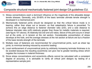 Mr. G. A. Wardle MSc. MSc C.Eng. MRAeS.
206
1) Stress concentrations exert a dominant influence on the magnitude of the allowable design
tensile stresses. Generally, only 20-50% of the basic laminate ultimate tensile strength is
developed in a mechanical joint:
2) Mechanically fastened joints should be designed so that the critical failure mode is in
bearing, rather than shear out or tension, so that catastrophic failure is prevented. To
achieve this an edge distance to fastener diameter ratio (e/D), and a side distance to
fastener diameter ratio (s/D) relatively greater than those for metallic materials is required,
(see figure 101 above). At relatively low e/D and s/D ratios, failure of the joint occurs in shear
out at the ends, or in tension at the net section. Considerable concentration of stress
develops at the hole, and the average stresses at the net section at failure are but a fraction
of the basic tensile strength of the laminate:
3) Multiple rows of fasteners are recommended for unsymmetrical joints, such as shear lap
joints, to minimize bending induced by eccentric loading:
4) Local reinforcement of unsymmetrical joints by arbitrarily increasing laminate thickness is to
be avoided because the resulting eccentricity can give rise to greater bending stress which
negates the increase in material thickness:
5) Since stress concentrations and eccentricity effects cannot be calculated with a consistent
degree of accuracy, it is advisable to verify all critical joint designs by testing of a
representative sample joint.
Composite structural mechanically fastened joint design CA guidelines CU.
 