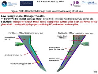 Mr. G. A. Wardle MSc. MSc C.Eng. MRAeS.
212
Figure 101:- Structural damage risks to composite wing structures.
Dropped hand
tool - 8J
All internal structure - 8J
Gravity refuelling point - 30J
Fig 30(a) i:- ATDA Upper wing cover skin Fig 30(a) ii:- ATDA Lower wing cover skin
Engine debris
- 160J zone
Runway stones - 17J
(6mm 140 Knts) zone
Dropped hand
tool - 8J zone
Low Energy Impact Damage Threats:-
 Barely Visible Impact Damage (BVID) threat from:- dropped hand tools: runway stones etc.
Solution:- Design for known threat level: Incorporate surface plies such as Kevlar or S2
glass cloth: Use hybrid ply lay-ups combining UD and woven surface plies.
 
