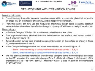 Mr. G. A. Wardle MSc. MSc C.Eng. MRAeS.
Learning outcomes:-
 From this study I am able to create transition zones within a composite plate that shows the
ply-drops in 3-D; the stagger of each ply, and its respective orientation.
 From this study I can now use the module for preliminary design tasks to quickly ascertain
valuable information about the effect a change in ply-drop off will have on weight, location etc.
Methodology:-
 In Surface Design a 10in by 15in surface was created on the X-Y plane.
 Four edge curves were extracted from the boundaries of this surface, and named curves 1
thru 4 shown in figure 10.
 Two mid section curves were created by plane intersection on the surface as shown in figure
10, and named curves 5 and 6.
 In the Composite Design module two zones were created as shown in figure 10:
- Zone 1 was created by a contour definition that used curves 1, 2, 6, 4
- Zone 2 was created by a contour definition that used curves 2, 3, 4, 6
 The two Zones Laminate Parameters were defined using the same methodology as described
for the CT1 exercise, the parameters being:- Zone 1 - Material = Glass: 1 ply for each of the
orientations 0°/ 45°/ -45°/ 90°: Zone 2 – Material = Glass: 2 plies for each of the orientations
0°/ 45°/ -45°/ 90°.
CT2:- WORKING WITH TRANSITION ZONES.
22
 