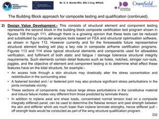 Mr. G. A. Wardle MSc. MSc C.Eng. MRAeS.
2) Design Value Development:- This consists of structural element and component testing
represents the second block in the building block composite certification test program shown in
figures 108 through 111, although there is a growing opinion that these tests can be reduced
and substituted by computer analysis tools based on FEA and structural optimisation software,
as shown in figure 112. However currently and for the foreseeable future representative
structural element testing will play a key role in composite airframe certification programs.
Figures 113 and 114 show typical structural elements and components used for allowables
verification, and fulfilment of both static and fatigue / damage tolerance structural integrity
requirements. Such elements contain detail features such as holes, notches, stringer run–outs,
joggles, and the objective of element and component testing is to determine what effect these
features have on the total structure, for example:-
• An access hole through a skin structure may drastically alter the stress concentration and
redistribution in the surrounding area:
• A fastened bonded and / or fastened joint may also produce significant stress perturbations in the
joints immediate vicinity:
• These sections of components may induce large stress perturbations in the constitutive material
and induce failure modes very different from those predicted by laminate theory:
• In addition to inplane axial and shear loads, concentrated normal tension load on a composite
integrally stiffened panel, can be used to determine the flatwise tension and peel strength between
the skin and stiffener which are much lower than inplane laminate strengths, hence stiffener pull –
off strength tests would be conducted as part of the wing structure qualification program.
232
The Building Block approach for composite testing and qualification (continued).
 