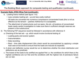 Mr. G. A. Wardle MSc. MSc C.Eng. MRAeS.
Example Static ATDA Wing Test (continued):-
b. Loading frame method (see figure 114):
• Less complex loading set – up and less costly method:
• All loads are converted into numerous compressive concentrated loads (this is not as
effective as the tension – patches method but it is acceptable:
• The attachment of substructures such as spars, ribs etc. at locations of concentrated
loads needs careful investigation to make sure there is sufficient strength reserves are
present in the substructure.
3) The following FST sequence would be followed in accordance with reference 4:
a. Checking of the test set – up, which would involve functional testing of:
• Loading jacks and evener system:
• Instrumentation:
• Data recording:
• Real – time data displacement (this check would be accomplished by applying a simple
load case at low levels to ensure that the loads are induced as expected.
b. A strain and deflection survey would be run to determine whether the strain distribution and
deflections are as predicted.
c. The lowest of the loads to be certified are applied first i.e. the conditions for which there is the
highest confidence are run first and the conditions with the highest risk of premature failure
are run last.
The Building Block approach for composite testing and qualification (continued).
243
 