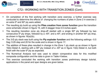 Mr. G. A. Wardle MSc. MSc C.Eng. MRAeS.
 On completion of the first working with transition zone exercise, a further exercise was
conducted to determine the effects of changing the numbers of plies in Zone 2 in exercise 2
an extra 0º and 90º ply were added.
 The resulting ply build up using the Plies creation from zones function gave the transition
zone schematic shown in figure 15, with 5 stagger lines 0.5 inches apart.
 The resulting transition zone ply drop-off started with a single 90º ply followed by two
consecutive 0º ply drops, followed by a -45º, and a 45º, and ending in another 90º ply drop,
as shown in figures 16(a)/(b).
 The 3-D ply stack was built using the Ply exploder function and the following settings:- 0.5
Sag: 0.25 step and 20 for the scale and is shown in figure 17.
 The addition of these plies resulted in change in the Zone 1 ply stack up as shown in figure
16(b) Detail A, starting with a 90º ply instead of a -45º as in figure 13(b) Detail A, but both
finish with the outer 0º ply as expected.
 The Numerical Analysis tool was used to obtain comparative data for this modified
composite configuration and the data is given in Table 4 below.
 This exercise concluded the working with transition zones preliminary design tutorial,
applications in the panel and spar designs are given below.
CT2:- WORKING WITH TRANSITION ZONES (Cont).
30
 