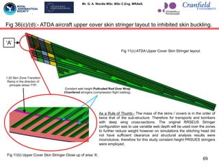 Mr. G. A. Wardle MSc. MSc C.Eng. MRAeS.
69
Fig 36(c)/(d):- ATDA aircraft upper cover skin stringer layout to inhibited skin buckling.
Fig 11(b) Upper Cover Skin Stringer Close up of area „A‟.
Fig 11(c) ATDA Upper Cover Skin Stringer layout.
„A‟
As a Rule of Thumb:- The mass of the skins / covers is in the order of
twice that of the sub-structure. Therefore for transports and bombers
with deep wing cross-sections. The original RRSEUS Stringer
configuration was to use variable web depth will be used over the zones
to further reduce weight however on simulations the stitching head did
not have sufficient clearance and structural analysis results were
inconclusive, therefore for this study constant height PRSUES stringers
were employed.
Constant web height Pultruded Rod Over Wrap
Chamfered stringers (compression flight loading).
1:20 Skin Zone Transition
Ramp in the direction of
principle stress TYP.
 