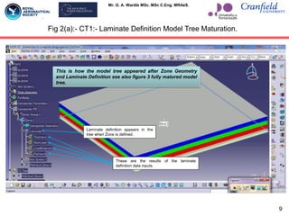 Mr. G. A. Wardle MSc. MSc C.Eng. MRAeS.
Fig 2(a):- CT1:- Laminate Definition Model Tree Maturation.
This is how the model tree appeared after Zone Geometry
and Laminate Definition see also figure 3 fully matured model
tree.
Laminate definition appears in the
tree when Zone is defined.
These are the results of the laminate
definition data inputs.
9
 